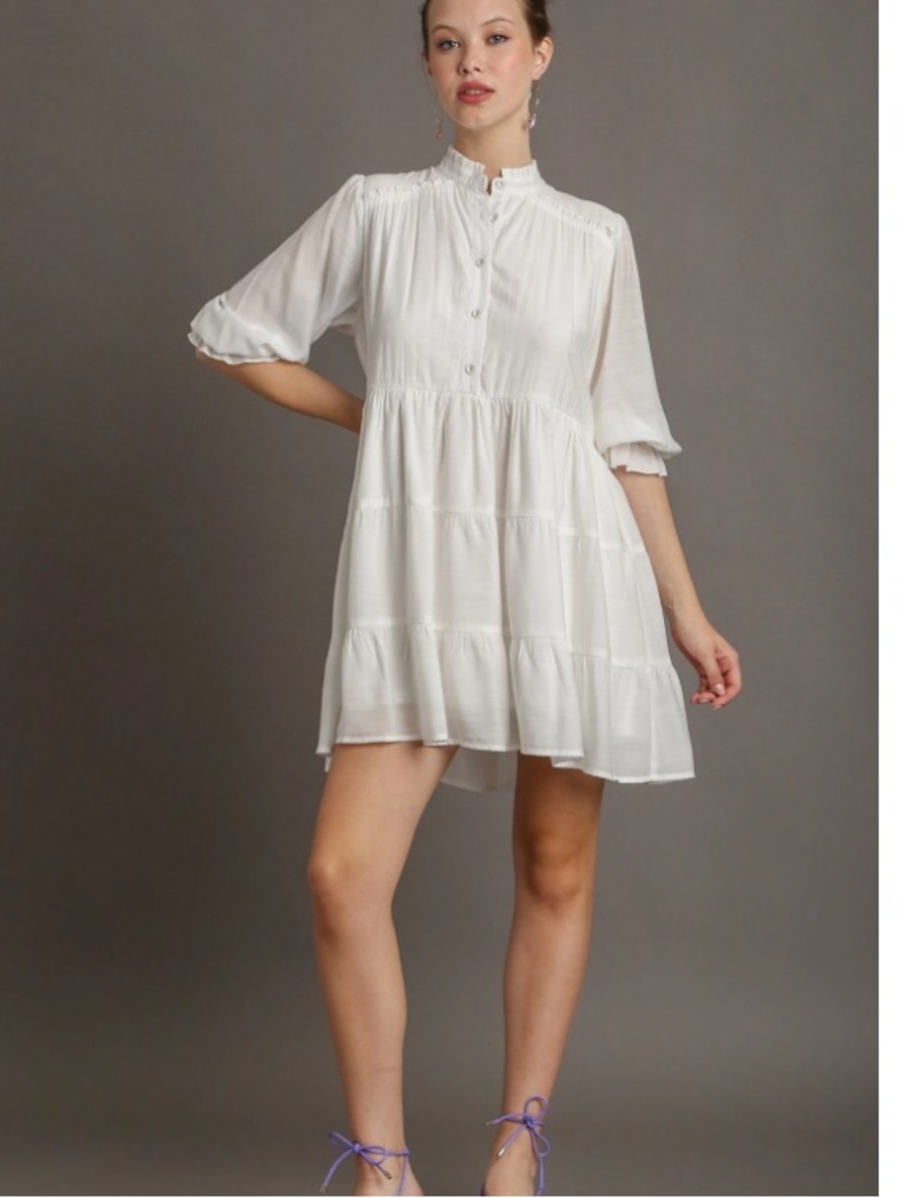 Umgee Off-White Tiered Babydoll Dress Ruffle Neck | Boho Cottagecore | NWT
